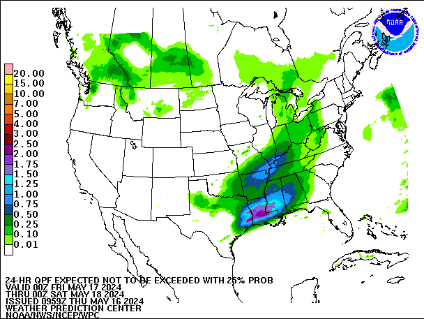 24-Hour 25th
                     Percentile QPF valid 00Z May 18, 2024