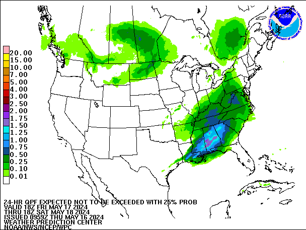 24-Hour 25th
                     Percentile QPF valid 18Z May 18, 2024
