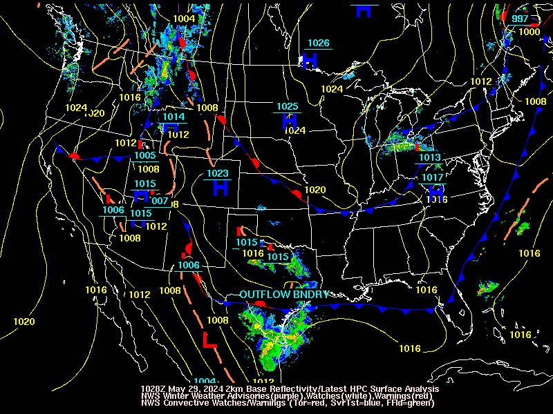 Latest WPC surface analysis, NWS Winter Weather Watches/Warnings/Advisories, and radar loop