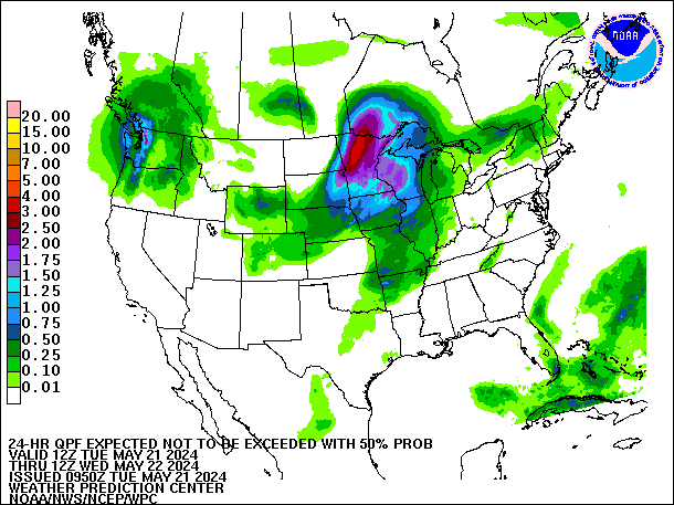 24-Hour 50th
                     Percentile QPF valid 12Z May 22, 2024