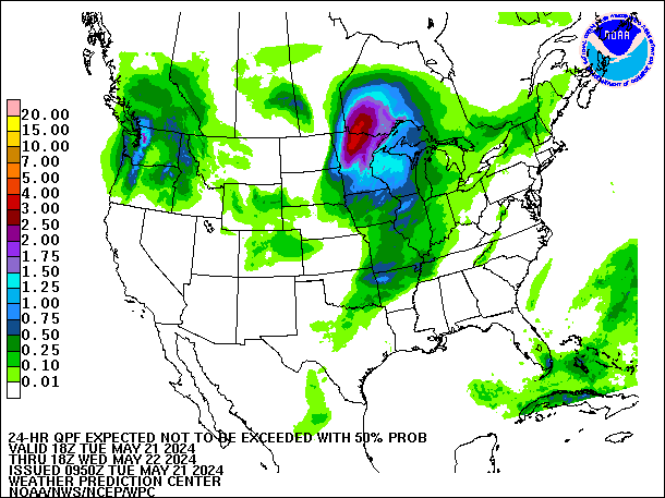 24-Hour 50th
                     Percentile QPF valid 18Z May 22, 2024