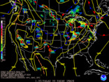 Latest United States (CONUS) surface analysis overlaid with base reflectivity - black background