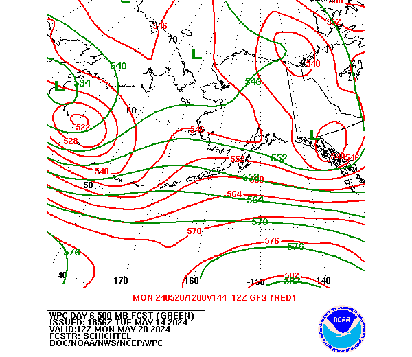WPC and GFS Forecast of 500mb Heights valid on Day 6