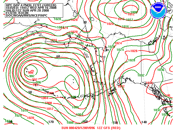 WPC and GFS Forecast of Sea Level Pressure valid on Day 4
