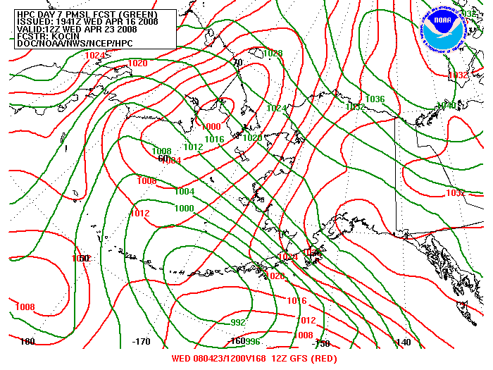 WPC and GFS Forecast of Sea Level Pressure valid on Day 7