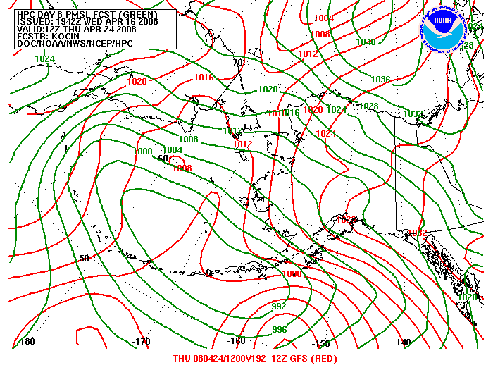 WPC and GFS Forecast of Sea Level Pressure valid on Day 8