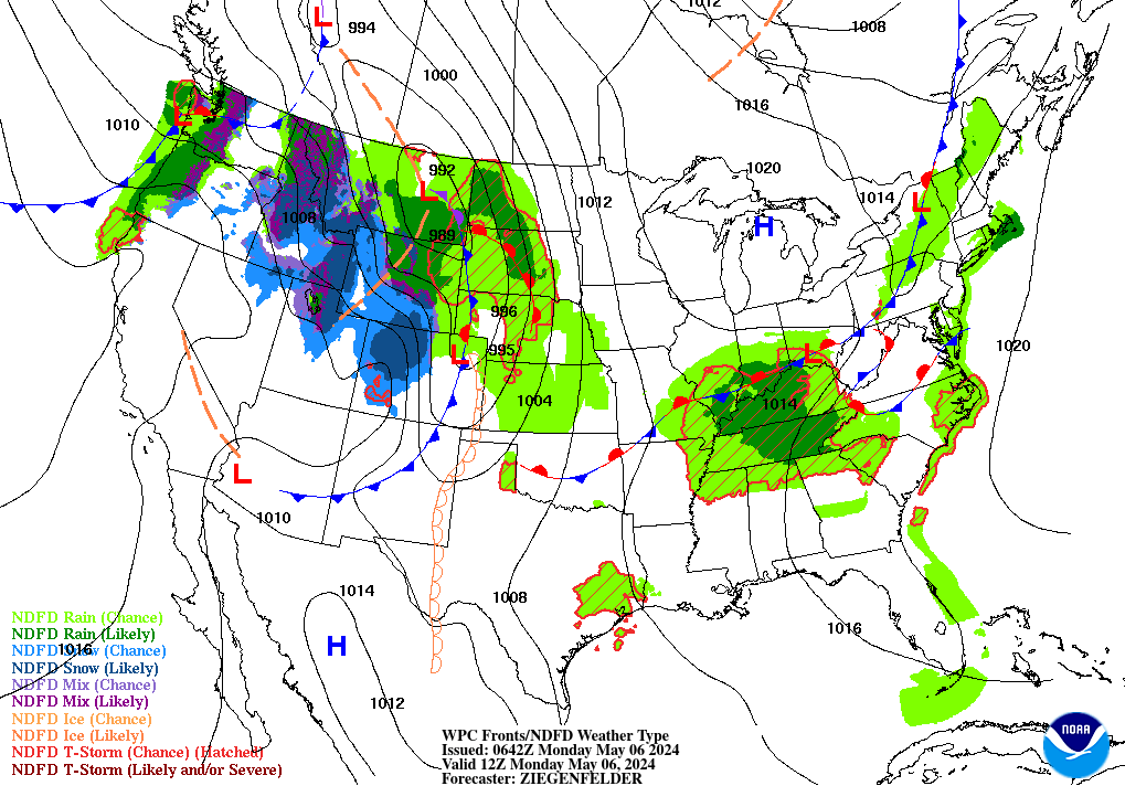 WPC Forecast Map for 00Z Tuesday (Monday evening local time) 
