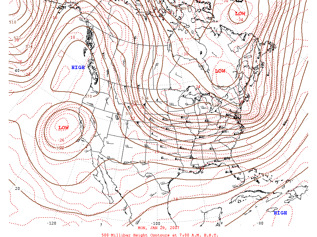 Daily 7:00 AM  E.S.T. 500-Millibar Height Contour Map