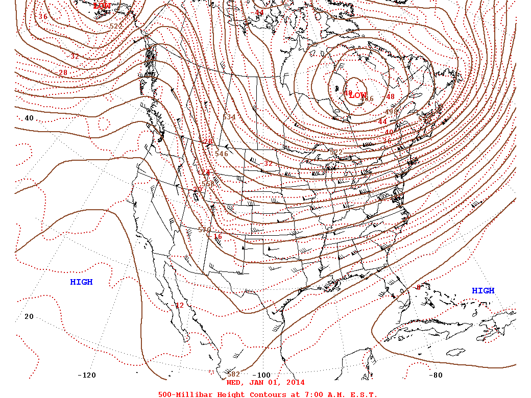 Daily 7:00 AM  E.S.T. 500-Millibar Height Contour Map