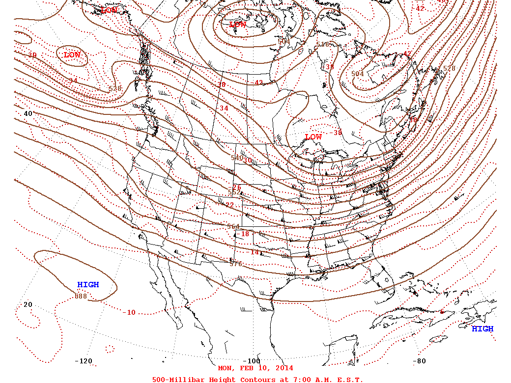 Daily 7:00 AM  E.S.T. 500-Millibar Height Contour Map