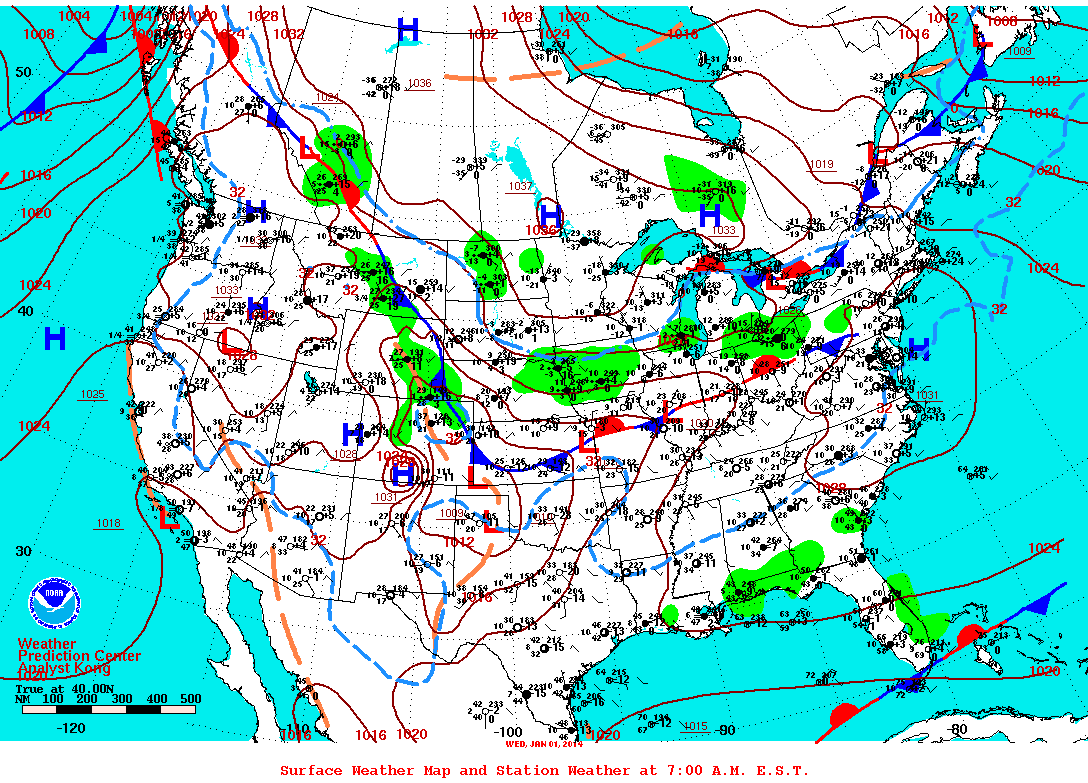 Daily 7:00 AM E.S.T. Surface Map and Station Weather