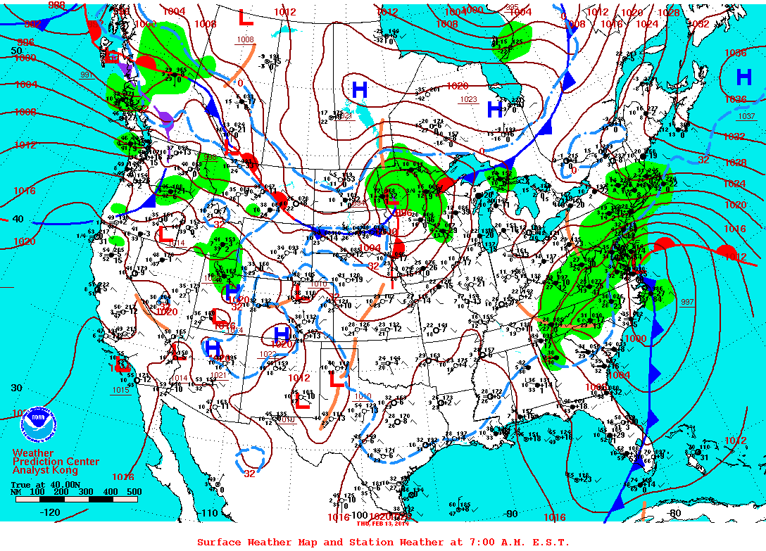 Daily 7:00 AM E.S.T. Surface Map and Station Weather