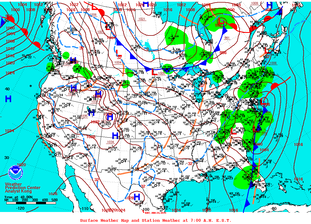 Daily 7:00 AM E.S.T. Surface Map and Station Weather