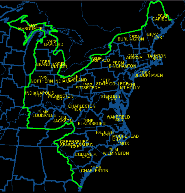 Figure 1.  Map showing offices participating in Winter
Weather Experiment 2 (2002 - 2003).