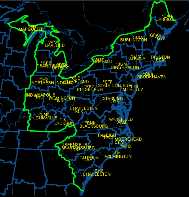 Figure 1.   Map showing offices participating in Winter
 Weather Experiment 2 (2002 - 2003).