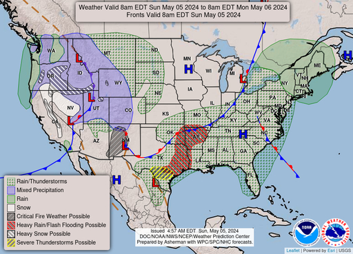 This current Forecast for North America is produced by the Hydrometeorological Prediction Center of the National Centers for Environmental Prediction. It is normally updated at about 7am US Eastern time.