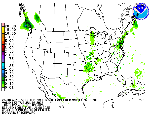 24-Hour 10th
                     Percentile QPF valid 12Z July 9, 2025