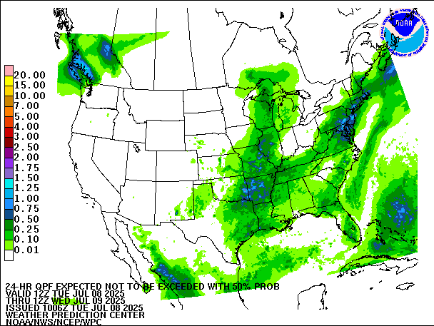 24-Hour 50th
                     Percentile QPF valid 12Z July 9, 2025