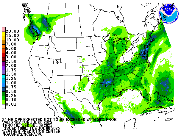 24-Hour 50th
                     Percentile QPF valid 18Z July 9, 2025