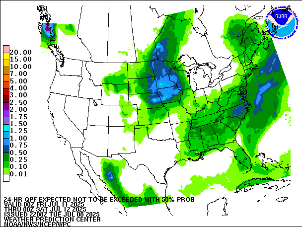 24-Hour 50th
                     Percentile QPF valid 00Z July 12, 2025