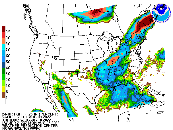 24-Hour PQPF ≥ 0.25" 
                          valid 00Z August 9, 2022 - 00Z August 10, 2022