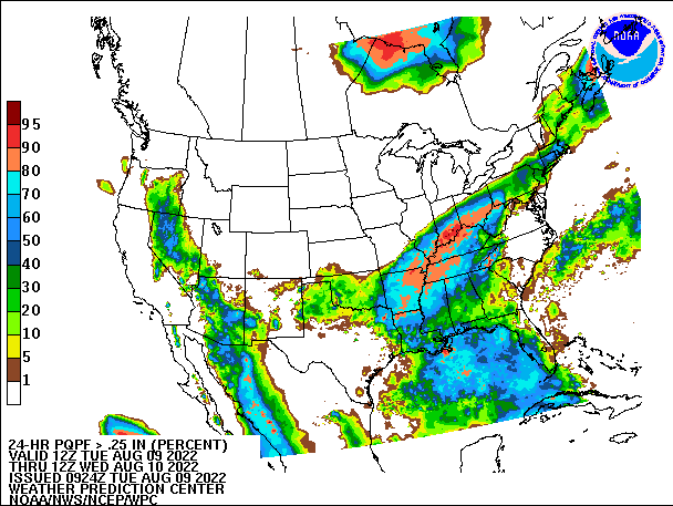 24-Hour PQPF ≥ 0.25" 
                          valid 12Z August 9, 2022 - 12Z August 10, 2022