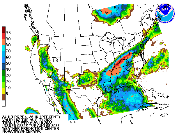 24-Hour PQPF ≥ 0.25" 
                          valid 18Z August 9, 2022 - 18Z August 10, 2022