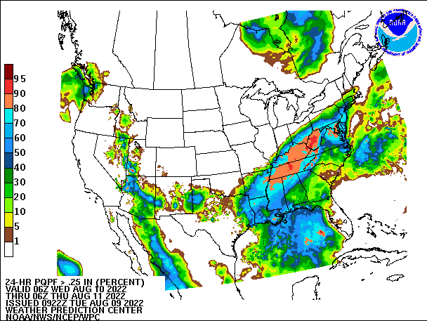 24-Hour PQPF ≥ 0.25" 
                          valid 06Z August 10, 2022 - 06Z August 11, 2022