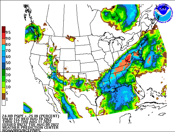 24-Hour PQPF ≥ 0.25" 
                          valid 12Z August 10, 2022 - 12Z August 11, 2022