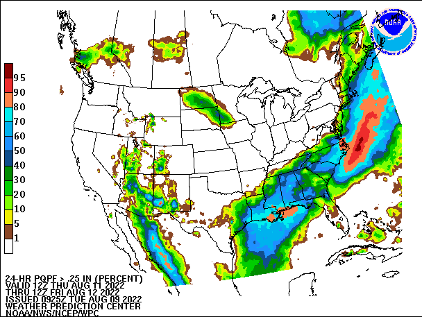 24-Hour PQPF ≥ 0.25" 
                          valid 12Z August 11, 2022 - 12Z August 12, 2022