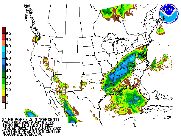 24-Hour PQPF ≥ 0.50" 
                          valid 00Z August 10, 2022 - 00Z August 11, 2022