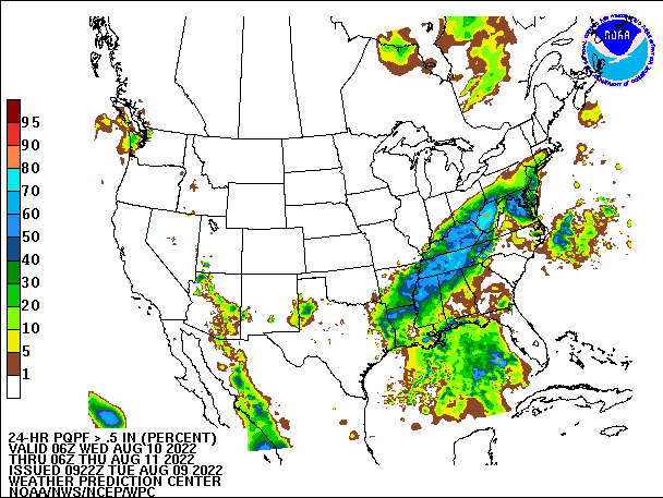 24-Hour PQPF ≥ 0.50" 
                          valid 06Z August 10, 2022 - 06Z August 11, 2022