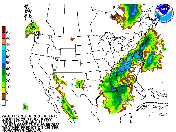 24-Hour PQPF ≥ 0.50" 
                          valid 18Z August 10, 2022 - 18Z August 11, 2022