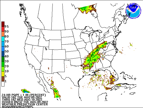 24-Hour PQPF ≥ 1.00" 
                          valid 18Z August 9, 2022 - 18Z August 10, 2022