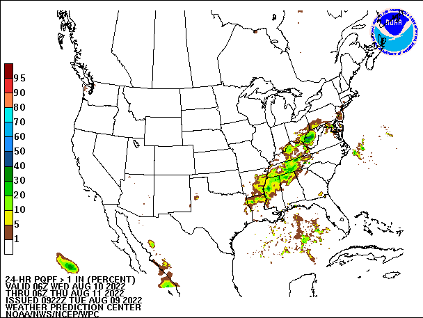 24-Hour PQPF ≥ 1.00" 
                          valid 06Z August 10, 2022 - 06Z August 11, 2022
