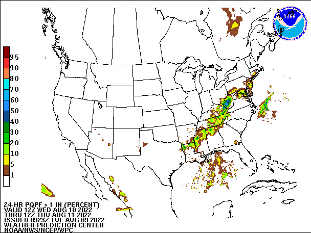 24-Hour PQPF ≥ 1.00" 
                          valid 12Z August 10, 2022 - 12Z August 11, 2022