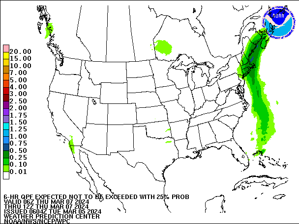 6-Hour 25th
                     Percentile QPF valid 12Z March 7, 2024