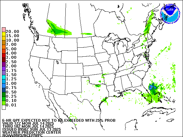 6-Hour 25th
                     Percentile QPF valid 18Z July 14, 2025