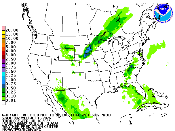 6-Hour 50th
                     Percentile QPF valid 06Z July 16, 2025