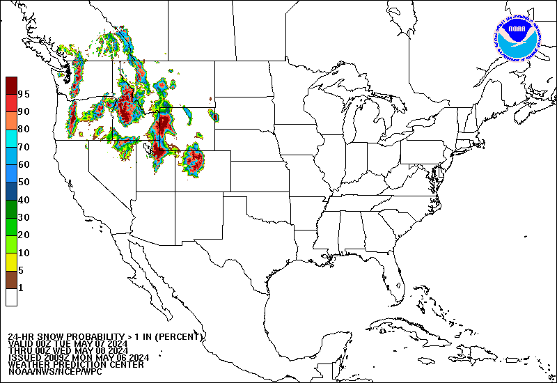 24 Hour Probability of >1 Inch Snow