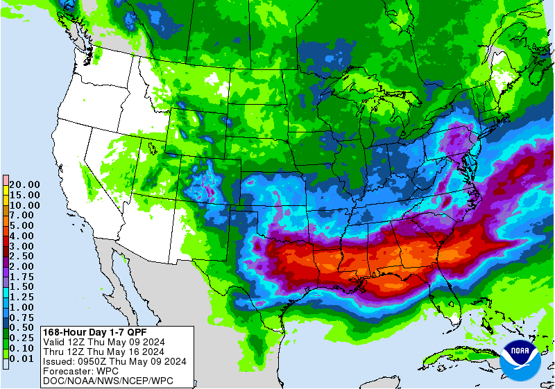 Map showing forecast rainfall for day 1 through day 7