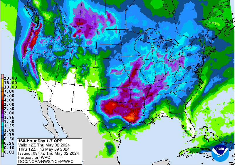 Big precip coming to the western USA with some places forecast to see over 10″ of liquid next 7 days. image: noaa, today