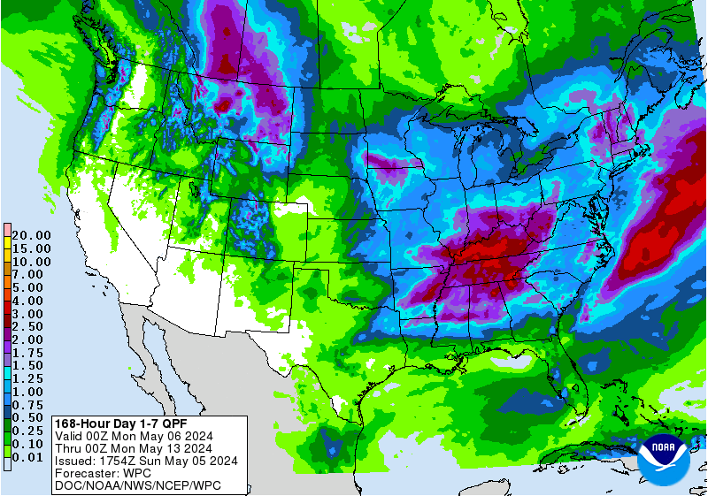 Liquid precipitation totals are looking good over the next 7 days! Image: noaa