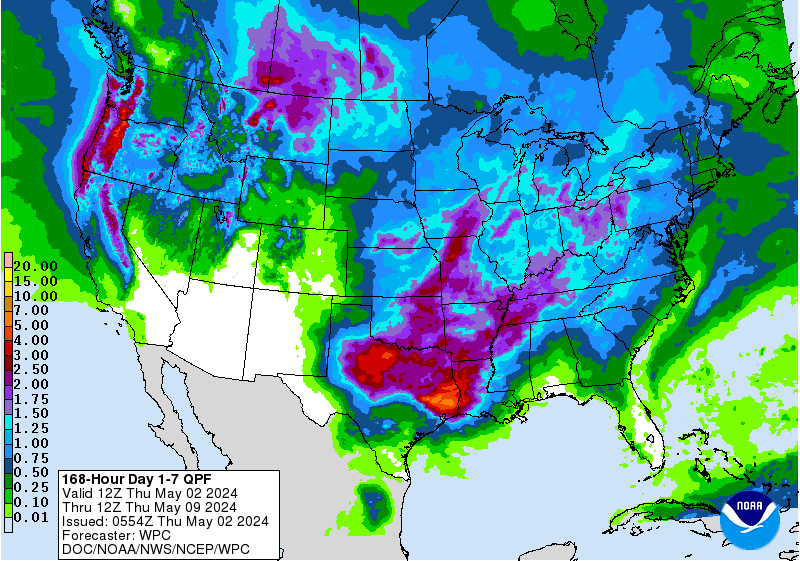 Low precipitation totals for much of the US over the next 7 days. Image: NOAA Today