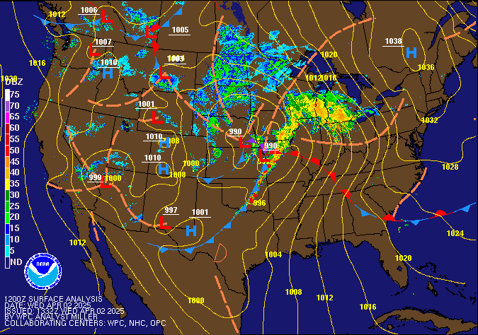 12Z U.S. Radar Mosaic with WPC Surface Analysis