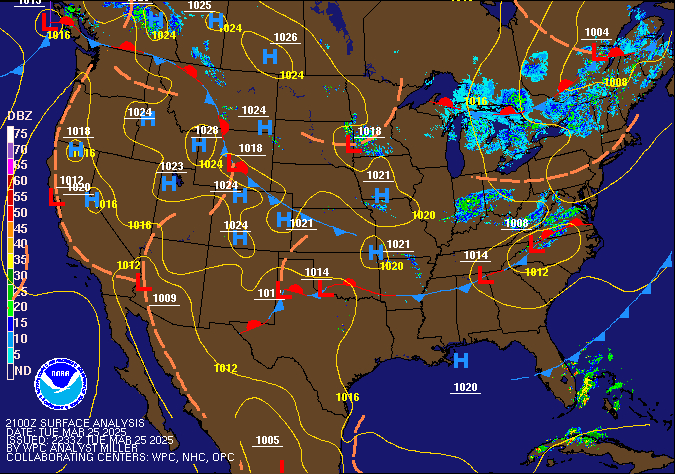 21Z U.S. Radar Mosaic with WPC Surface Analysis