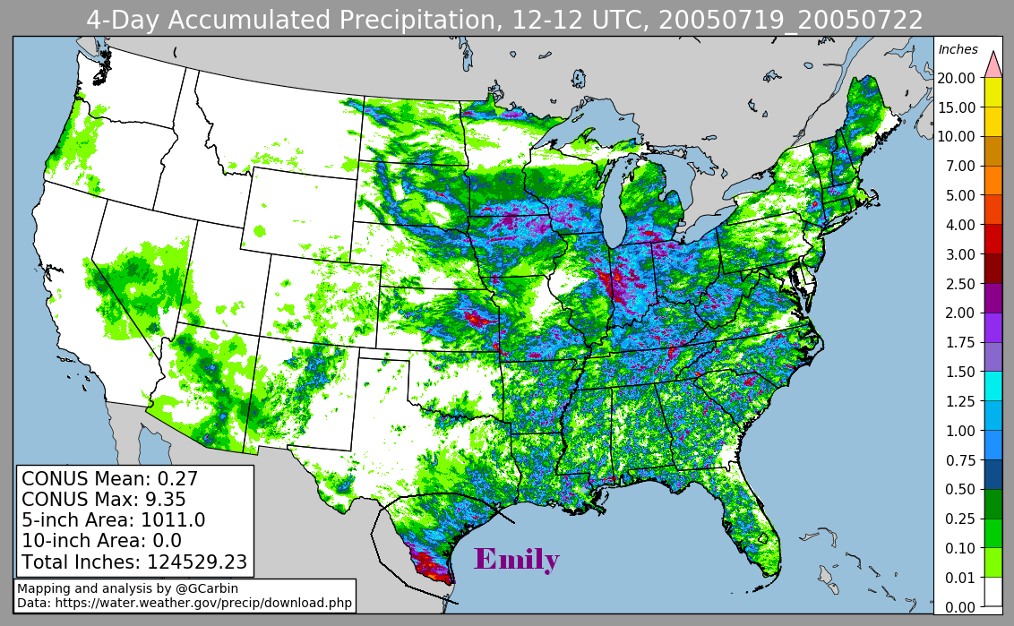 Emily (2005) storm total estimate via radar