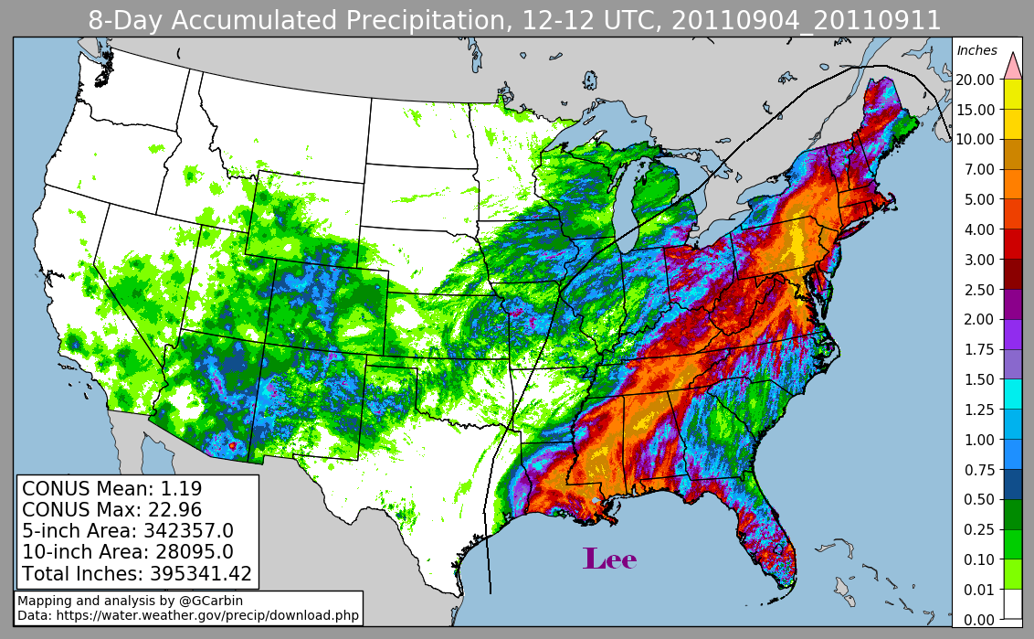 Storm Total Rainfall for Tropical Storm Lee (2011)