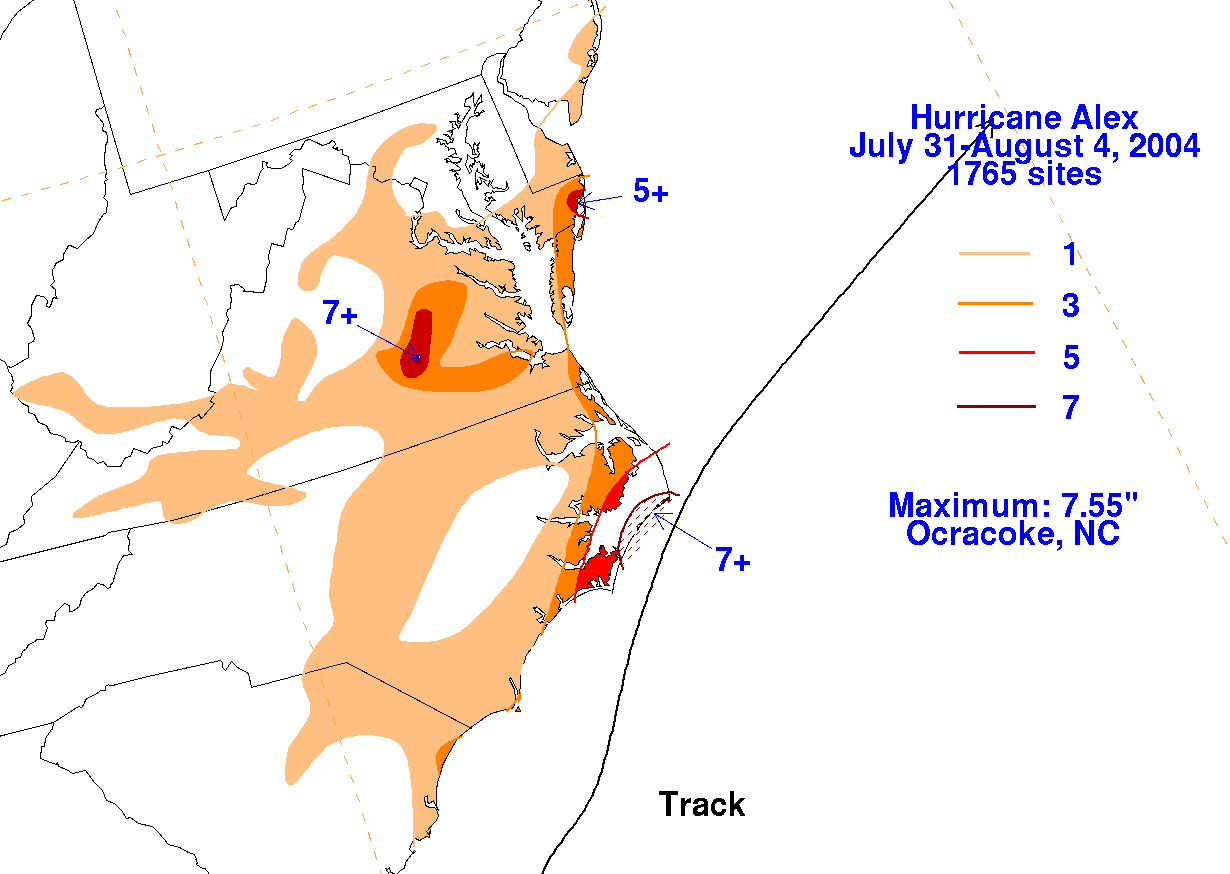 Alex (2004) Contoured Rainfall on White Background