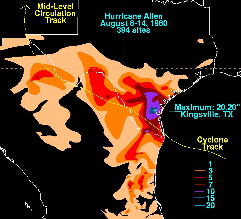 Allen (1980) Filled Contour Rainfall on Black Background